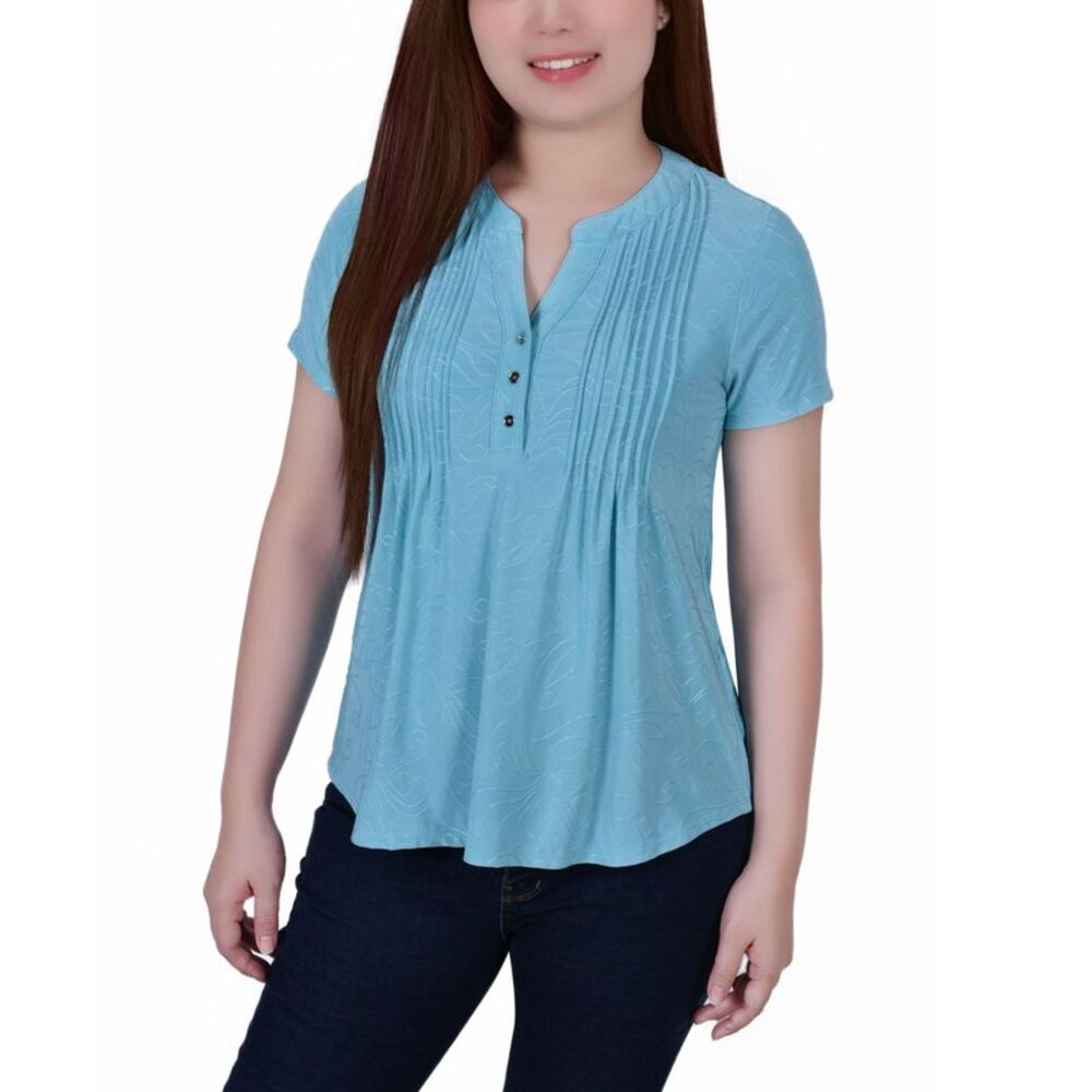 NY Collection Petite Short Sleeve Y Neck Jacquard Knit Top